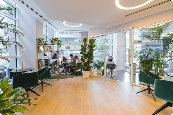 Bright shared living space with green chairs and plants
